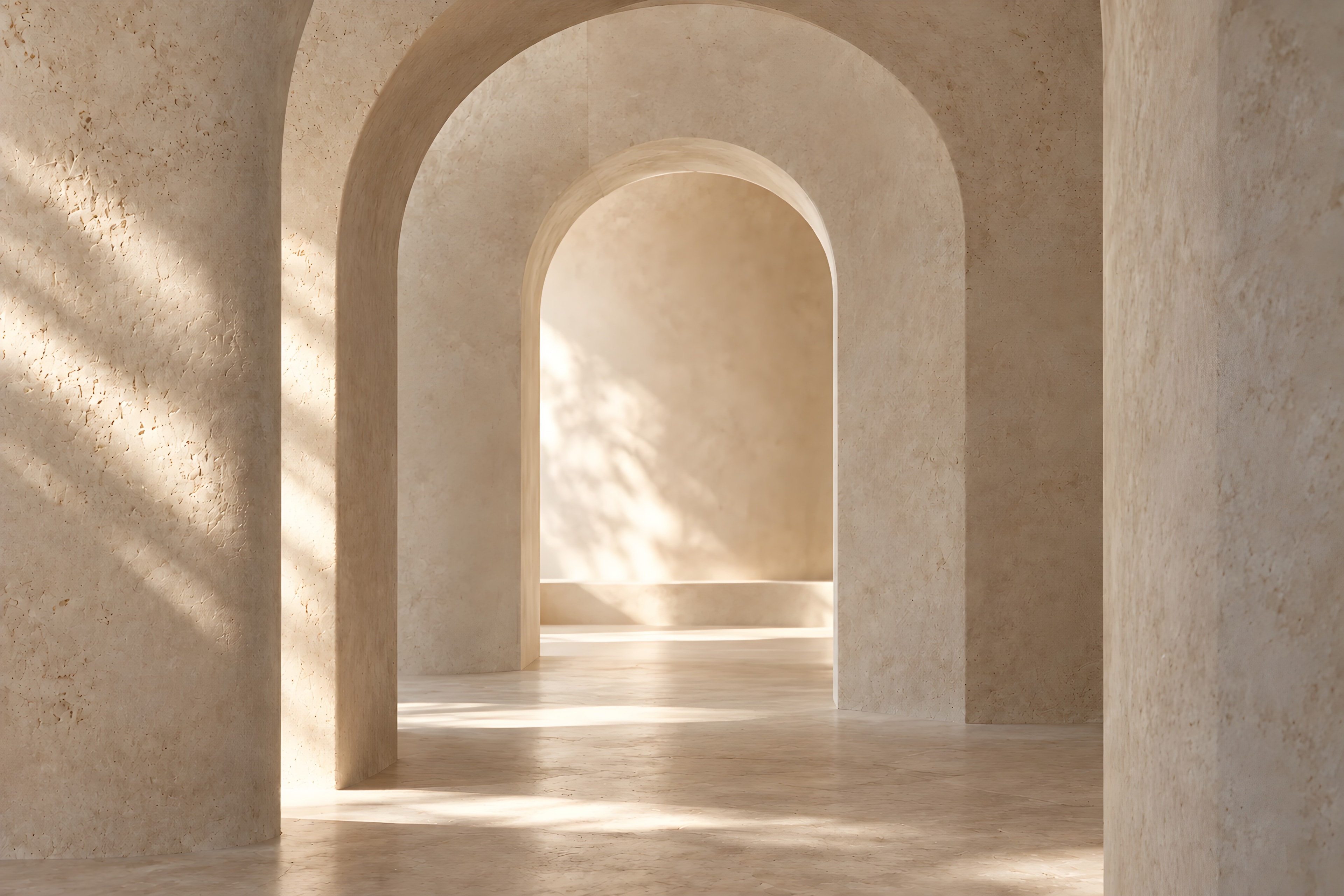 Arcos de piedra clara, uno dentro de otro, bajo una luz cálida y sombras de hojas